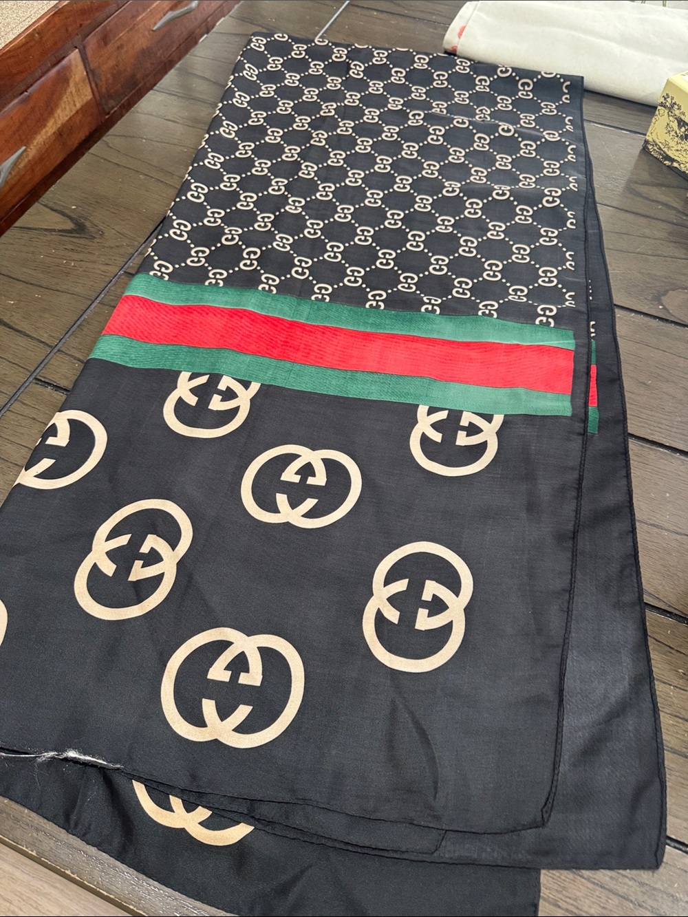 Black Silk Scarf with Beige Logo and Red & Green Stripe